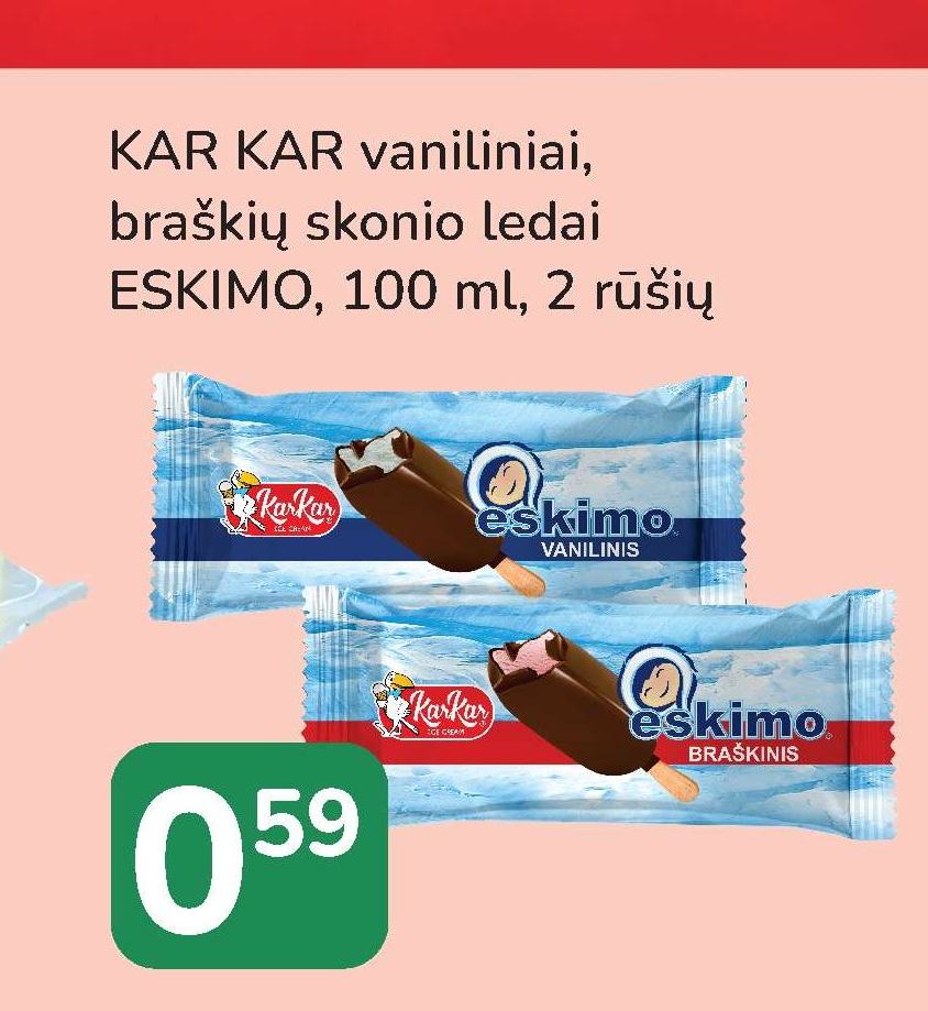 KAR KAR vaniliniai, braškių skonio ledai ESKIMO, 100 ml