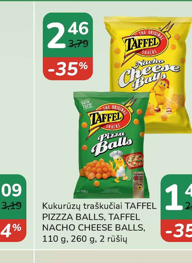 Kukurūzų traškučiai TAFFEL PIZZZA BALLS, TAFFEL NACHO CHEESE BALLS, 110 g
