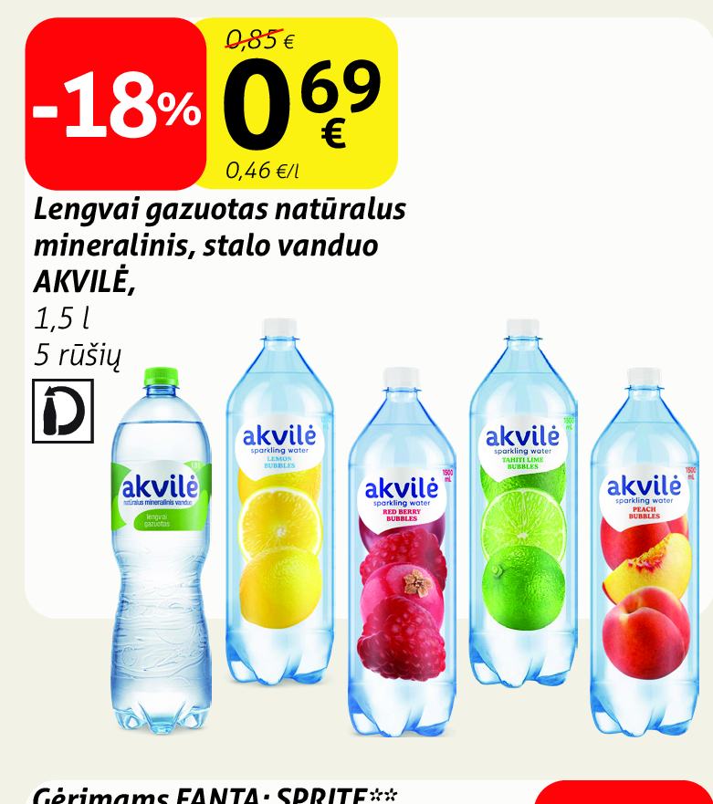 Lengvai gazuotas natūralus mineralinis, stalo vanduo AKVILĖ, 1.5 l