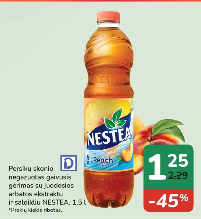 Persikų skonio negazuotas gaivusis gėrimas su juodosios arbatos ekstraktu ir saldikliu NESTEA, 1.5 l