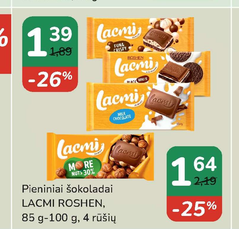 Pieniniai šokoladai LACMI ROSHEN, 85 g-100 g