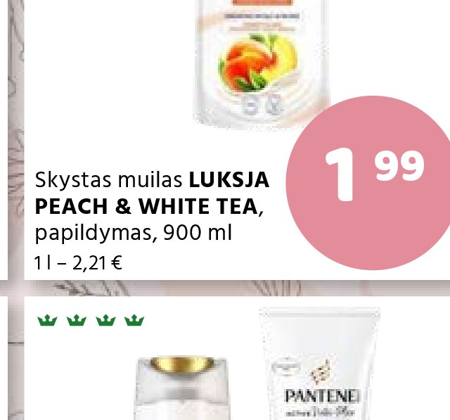 Skystas muilas LUKSJA PEACH & WHITE TEA, papildymas, 900 ml