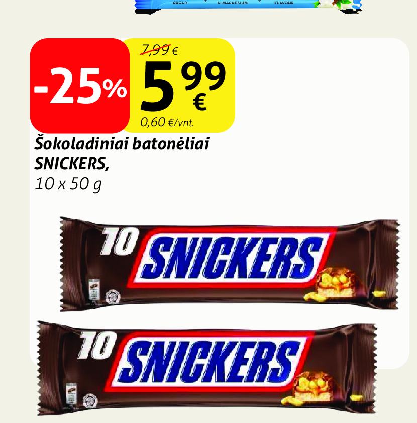 Šokoladiniai batonėliai SNICKERS, 10 x 50 g