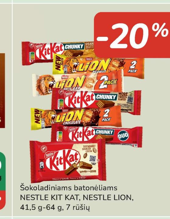 Šokoladiniams batonėliams NESTLE KIT KAT, NESTLE LION, 41.5 g-64 g