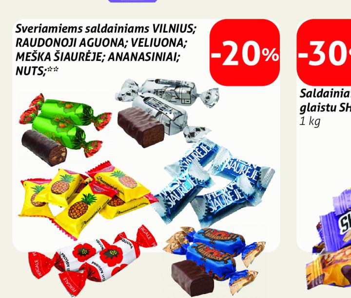 Sveriamiems saldainiams VILNIUS; RAUDONOJI AGUONA; VELIUONA; MEŠKA ŠIAURĖJE; ANANASINIAI; NUTS