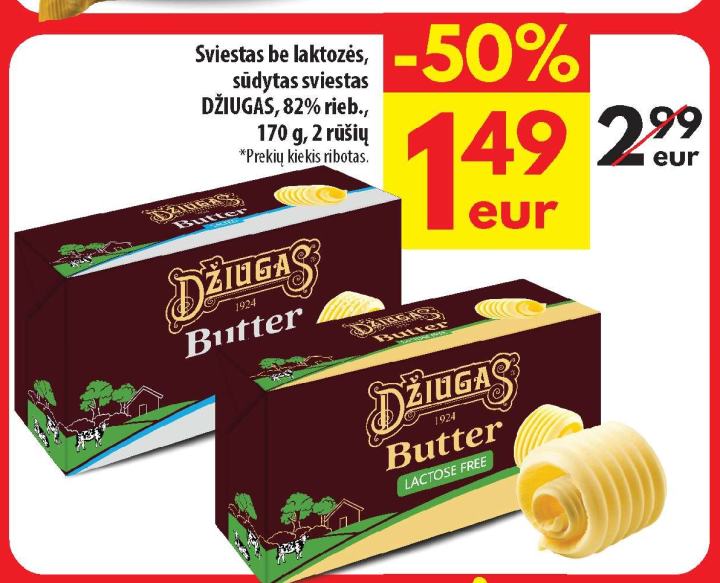 Sviestas be laktozės, sūdytas sviestas DŽIUGAS, 170 g