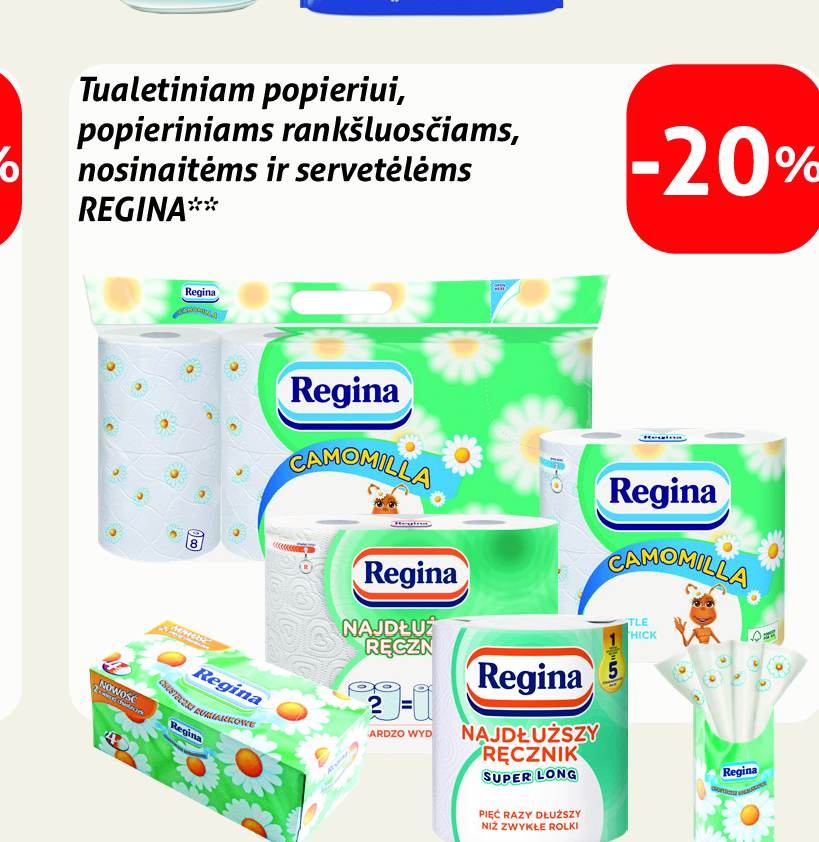 Tualetiniam popieriui, popieriniams rankšluosčiams, nosinaitėms ir servetėlėms REGINA