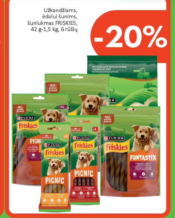 Užkandžiams, ėdalui šunims, šuniukmas FRISKIES, 42 g-1.5 kg