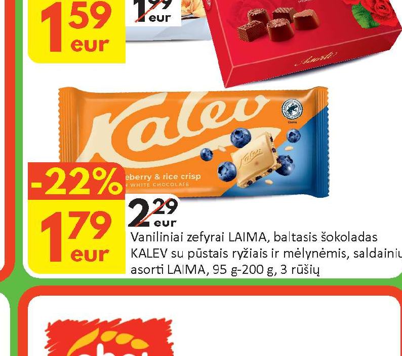Vaniliniai zefyrai LAIMA, baltasis šokoladas KALEV su pūstais ryžiais ir mėlynėmis, saldainių asorti LAIMA, 95 g-200 g