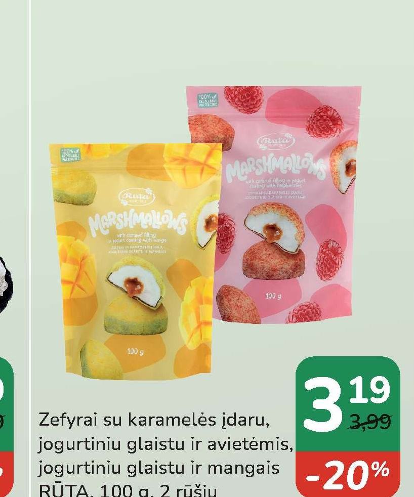 Zefyrai su karamelės įdaru, jogurtiniu glaistu ir avietėmis, jogurtiniu glaistu ir mangais FRŪTA, 100 g